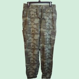 Old Navy Womens M 4 Pocket Tie Front Green Camo Cargo Casual Sweatpants EUC